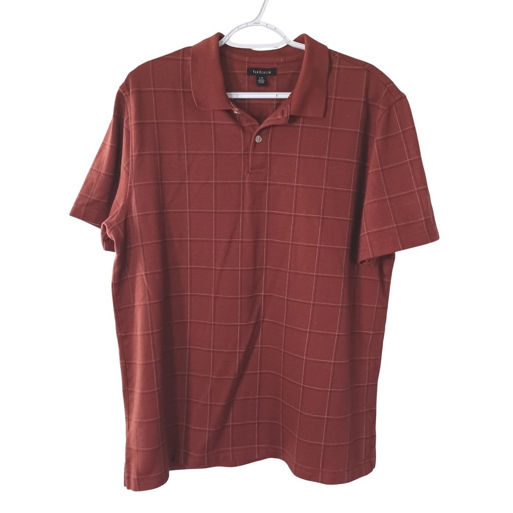Van Heusen Mens Polo Shirt Large Rust Red Windowpane Check Pique